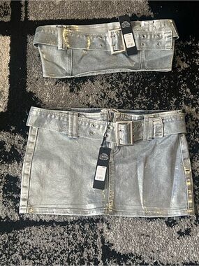 Fashion Nova Silver Metallic Mini Skirt with Buckle Belt